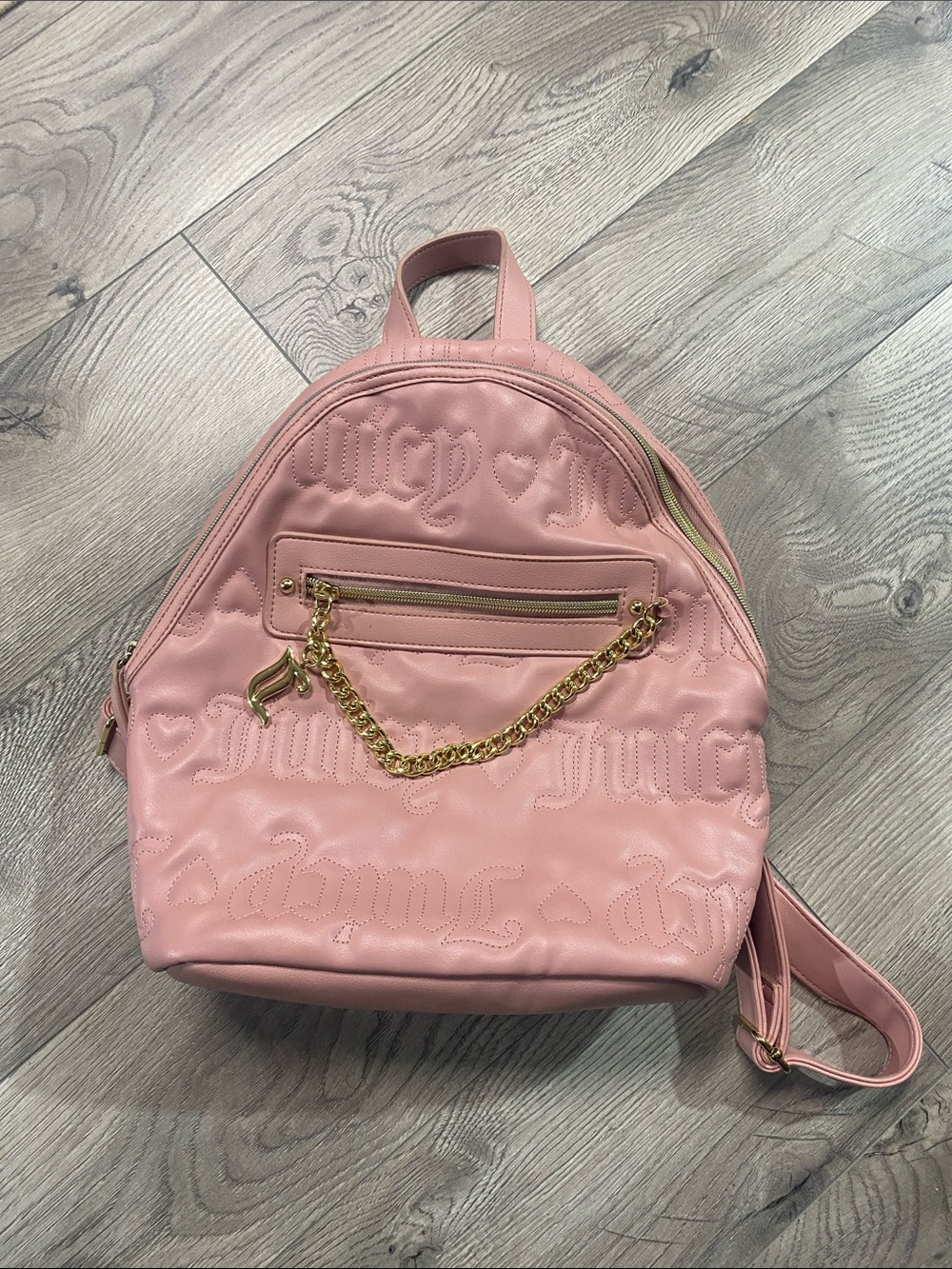 Juicy Couture Blush Pink Quilted Logo Backpack with Gold Chain